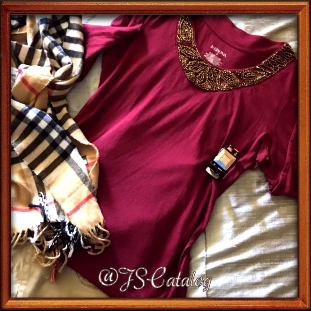Red Long Sleeved Beaded V-Neck Top
